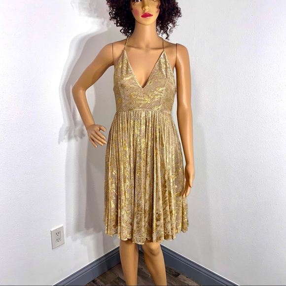 Sam Edelman Gold Metallic V-Neck pleated dress XS - Picture 5 of 15